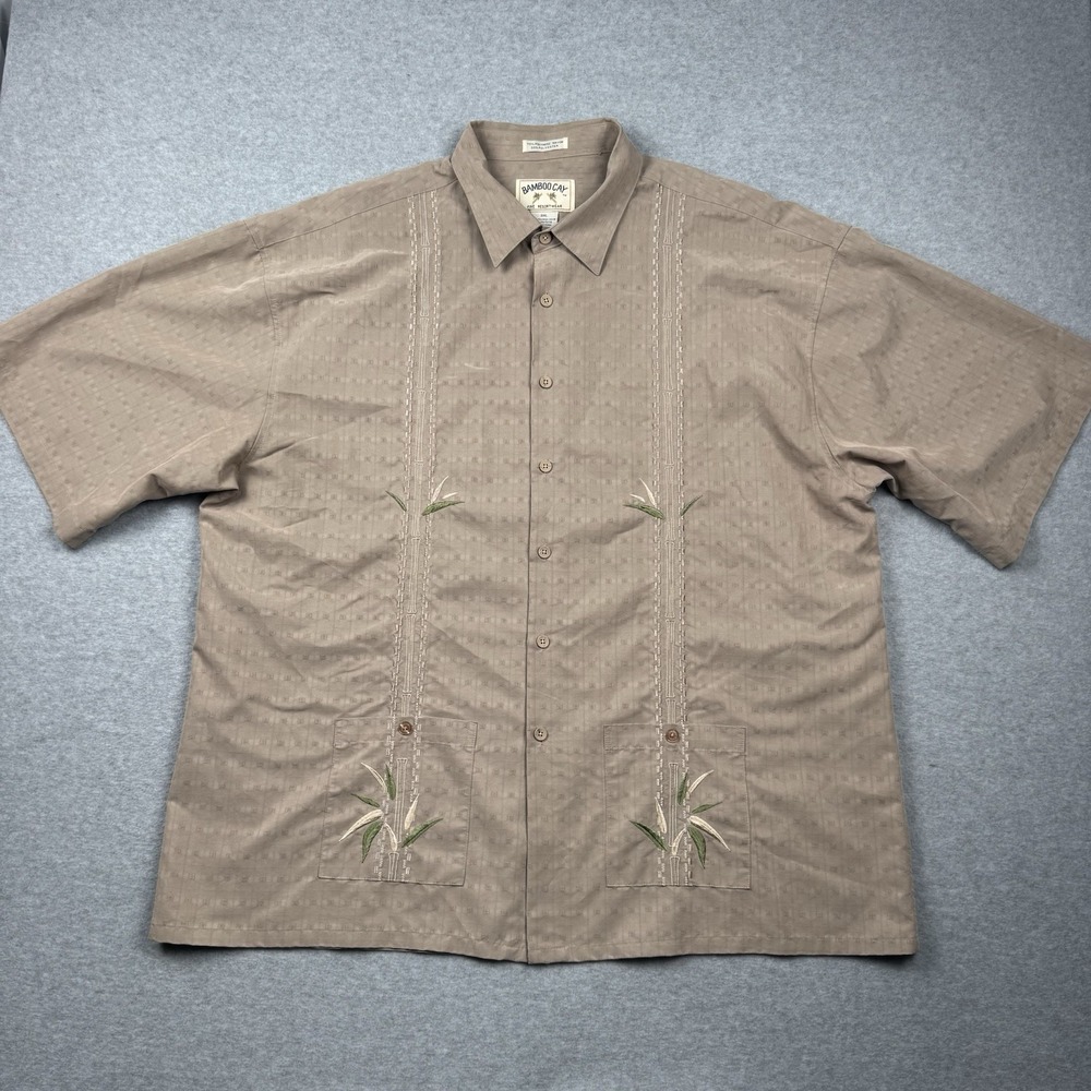Bamboo Cay Shirt Mens 3XL Brown Embroidered Guayabera Style Hawaiian Camp Resort